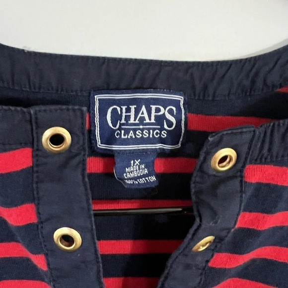 Chaps Classics Red and Navy Striped Short Sleeve Shirt 1X Grommet Lace Up Neck - Picture 4 of 4